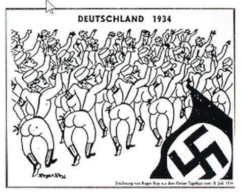 Karikatur von 1934, die Nazis und Schwule in provokanter Weise darstellt.