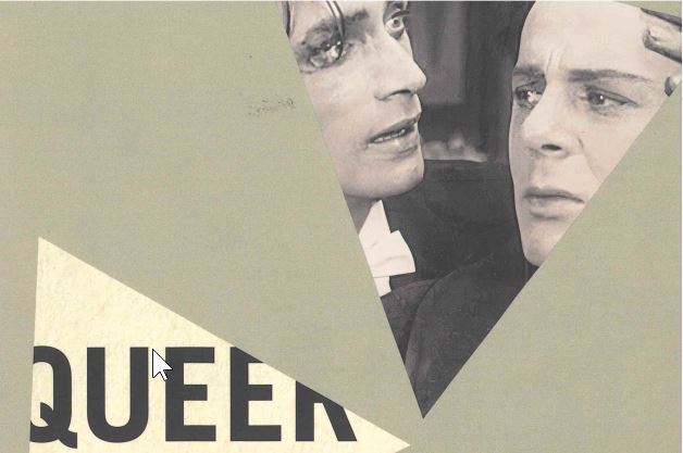 Grafik mit dem Wort "QUEER" und zwei historischen Filmfiguren, die emotionale Interaktion zeigen.