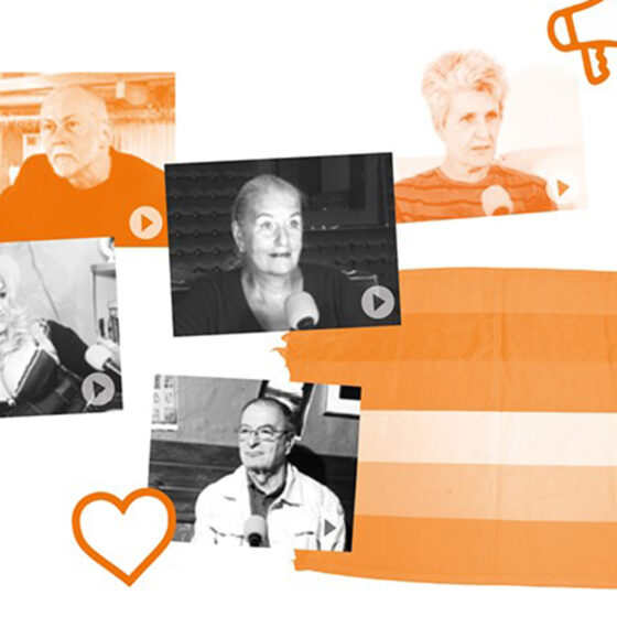 Collage von Interviews mit älteren Personen, orangefarbene Flagge und Herzsymbol im Hintergrund.
