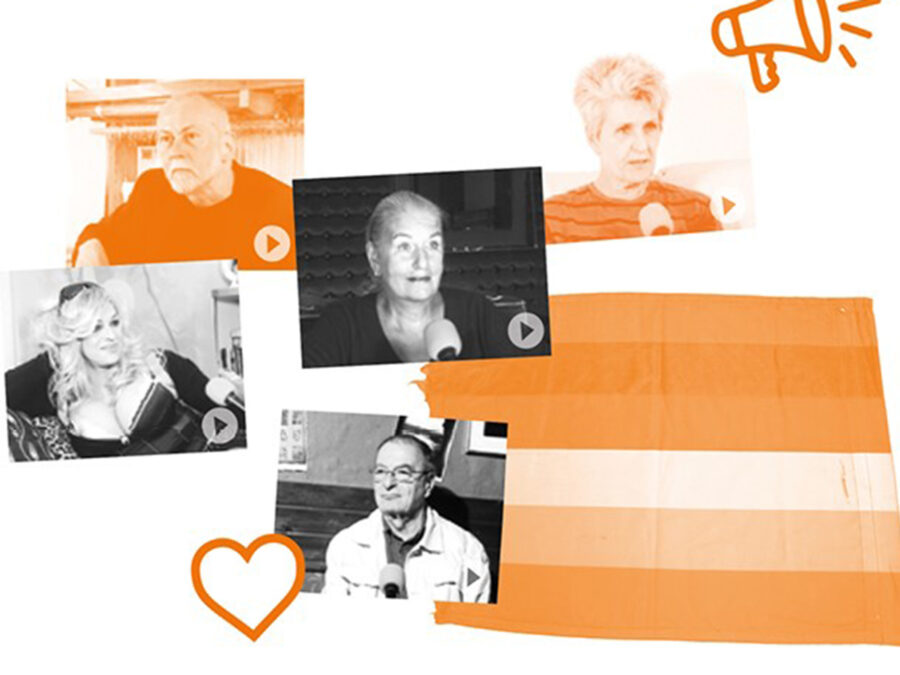 Collage of diverse individuals sharing stories, with an orange flag and play buttons.