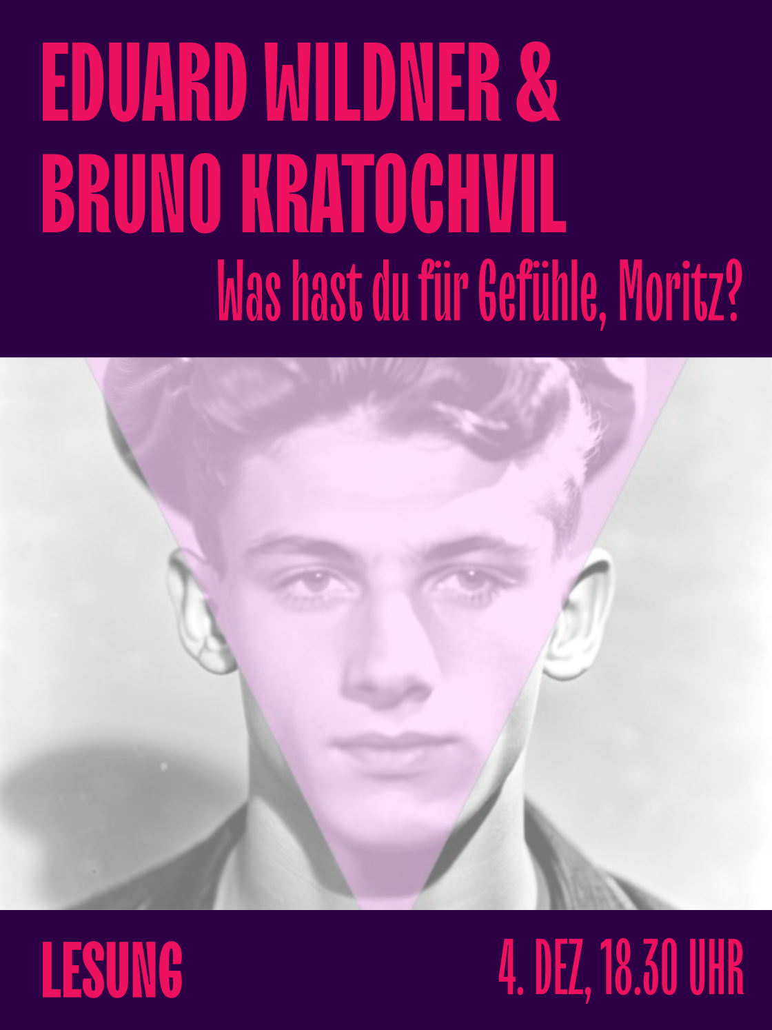 Event poster featuring Eduard Wildner and Bruno Kratochvil discussing feelings on December 4th.