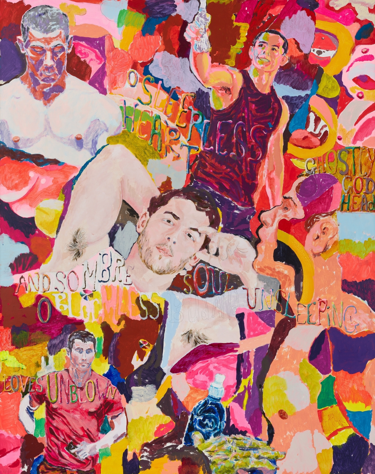 Bunte Collage, die Liebe, Sexualität und Intimität durch expressive Porträts und Texte darstellt.