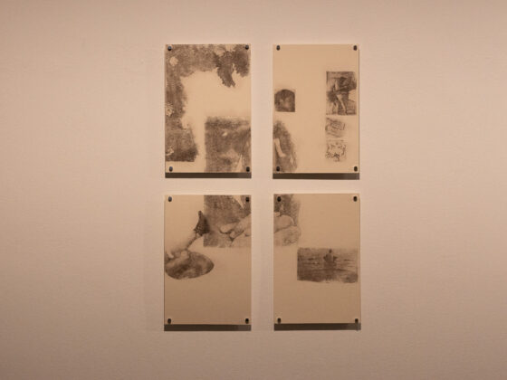 Four sketches by Wolfgang displayed on a gallery wall, showcasing various artistic styles.
