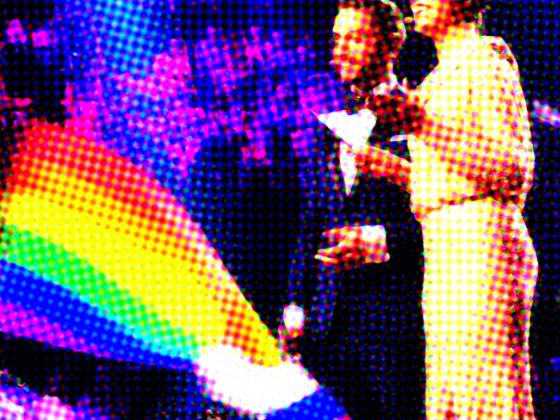 A vibrant scene featuring a couple celebrating queerness at a United event with a rainbow flag.