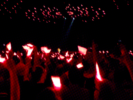 Crowd waving red lights at a concert celebrating queerness and unity through song.