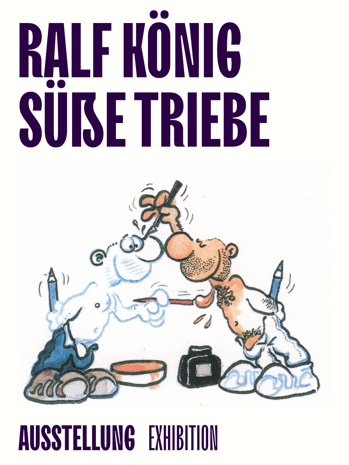 Cartoon von Ralf König, der eine humorvolle Ausstellung über kulturelle Themen darstellt.