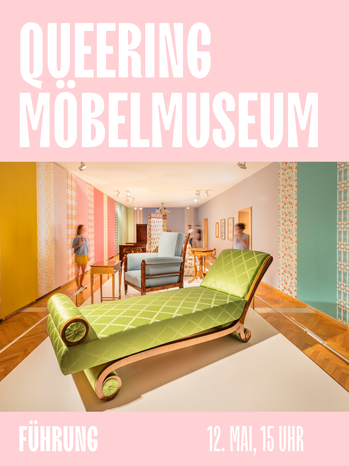 "Queering Möbelmuseum event poster featuring a green chaise lounge and colorful room decor."