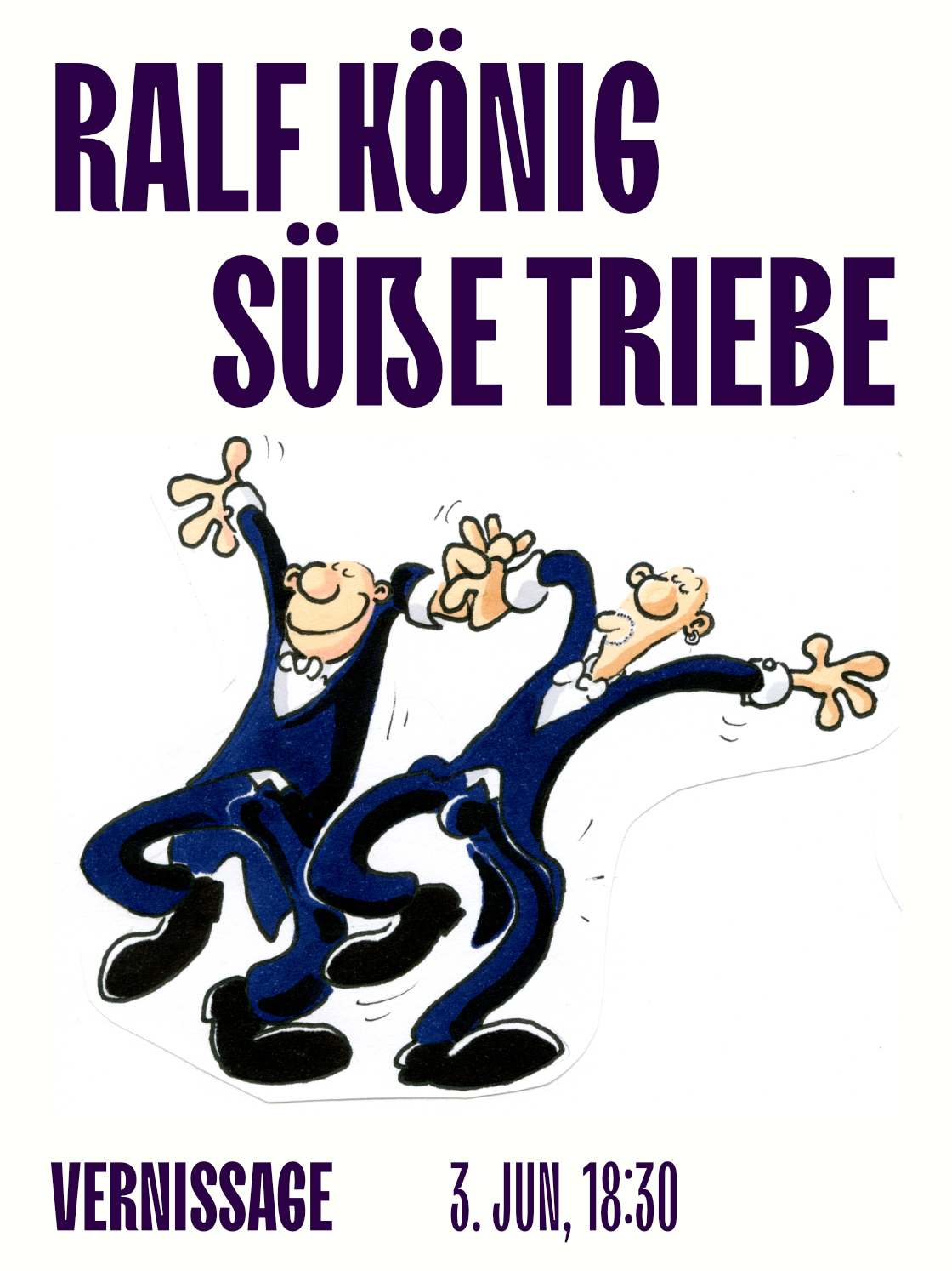 Alt text: "Invitation to Ralf König's exhibition 'Süße Triebe' on June 3, 18:30."