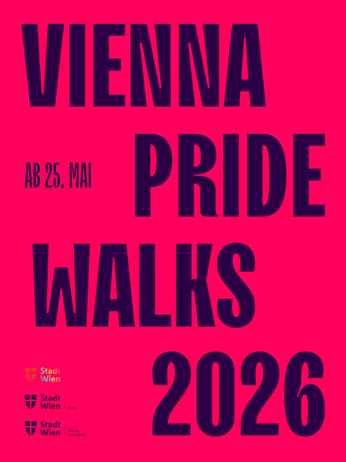 Bright pink poster announcing Vienna Pride Walks 2026, starting May 25.