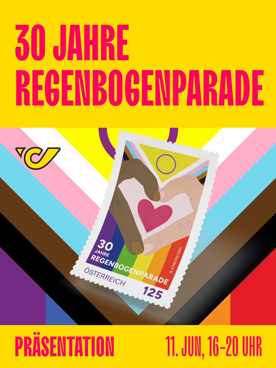 Colorful poster for the 30th anniversary of the Regenbogenparade featuring a special stamp presentation.